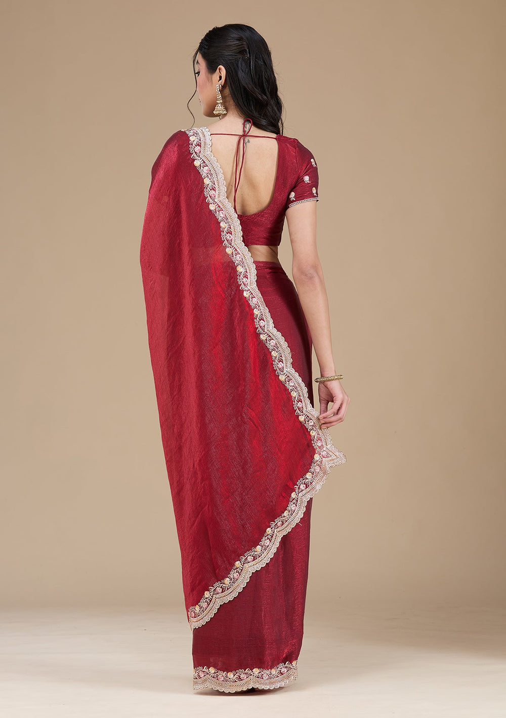 Maroon Zariwork (Gold) Tissue Saree_koskii