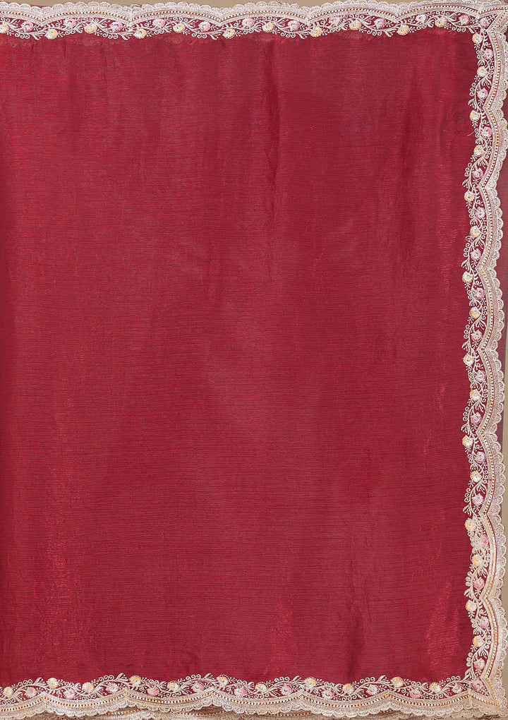 Maroon Zariwork (Gold) Tissue Saree_koskii