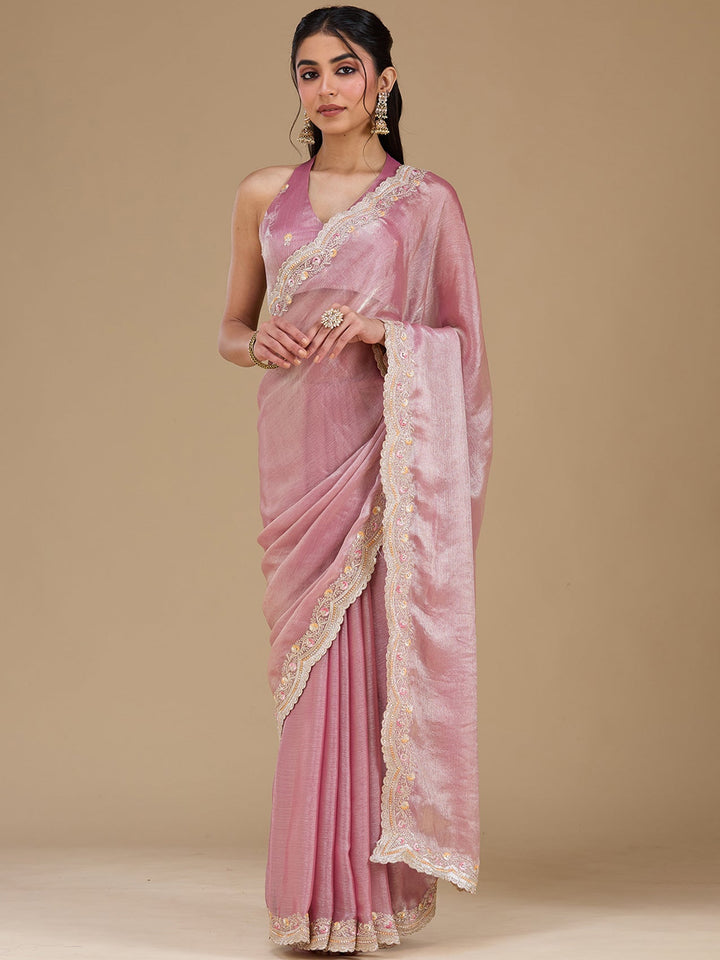 Onion Pink Zariwork (Gold) Tissue Saree-koskii