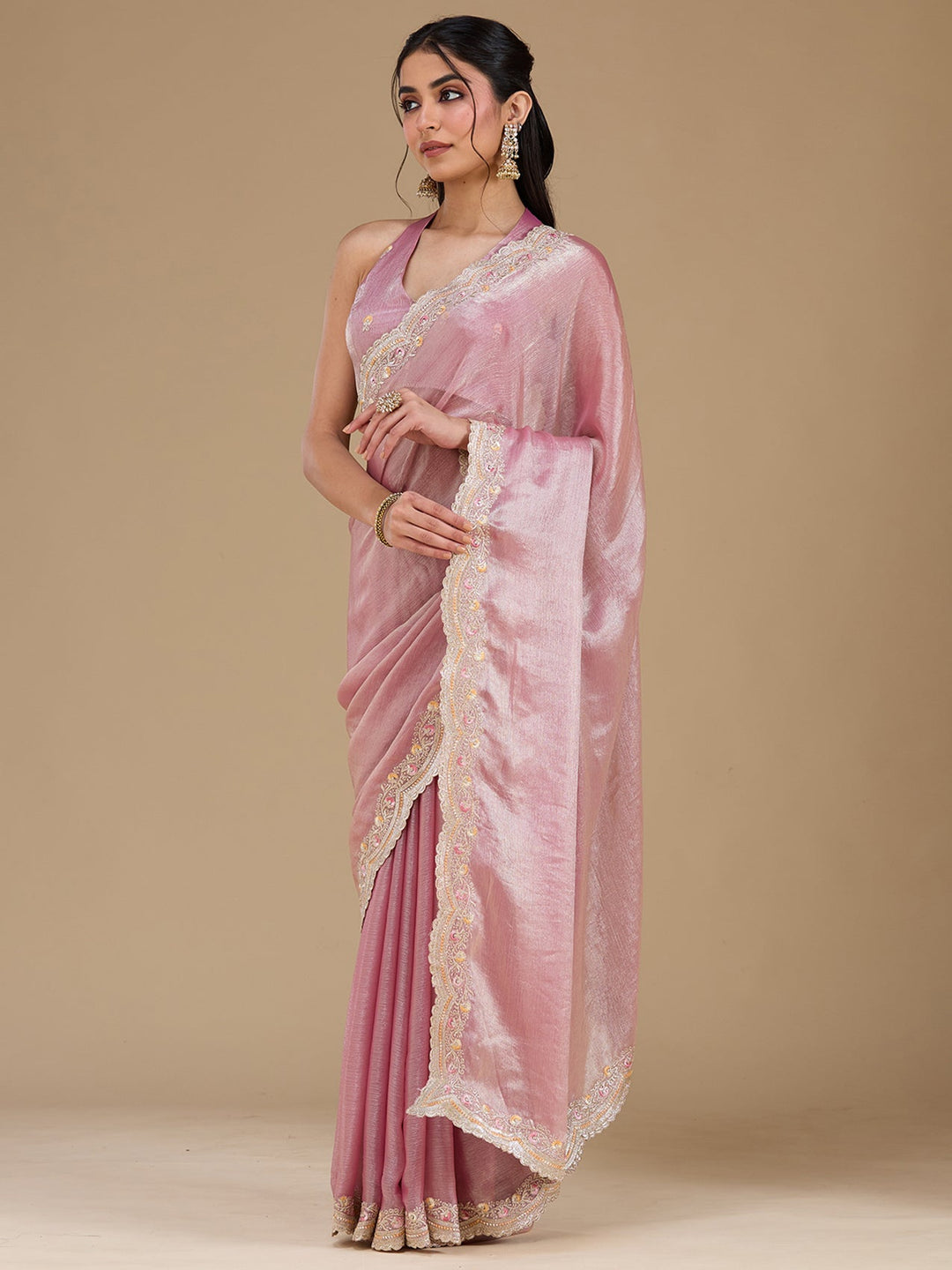 Onion Pink Zariwork (Gold) Tissue Saree-koskii