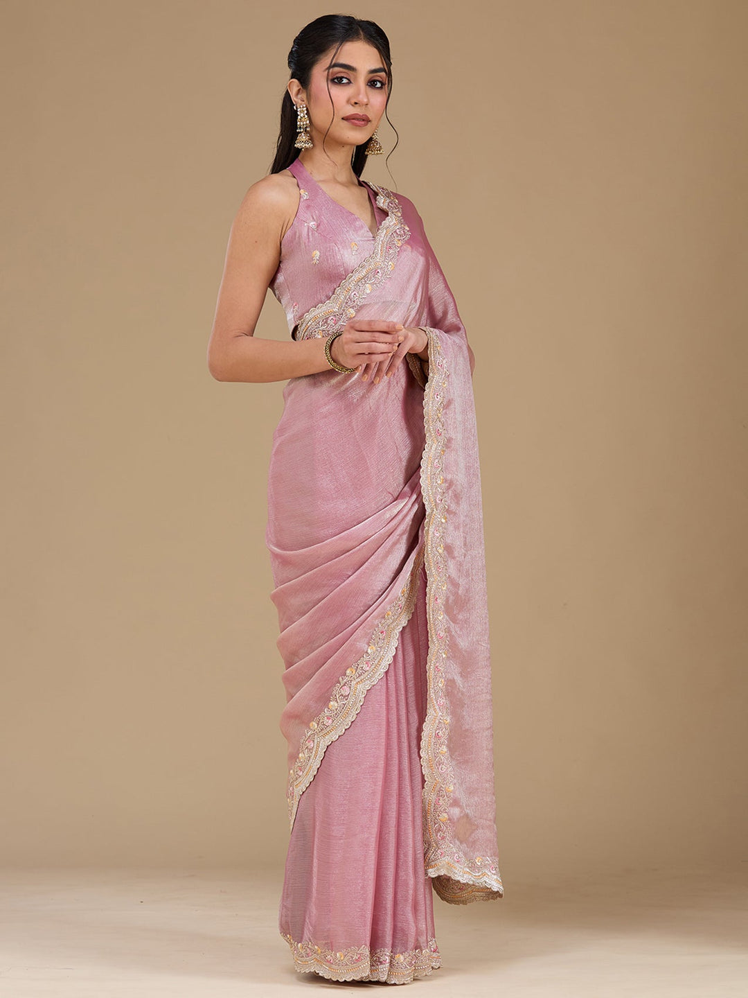 Onion Pink Zariwork (Gold) Tissue Saree-koskii