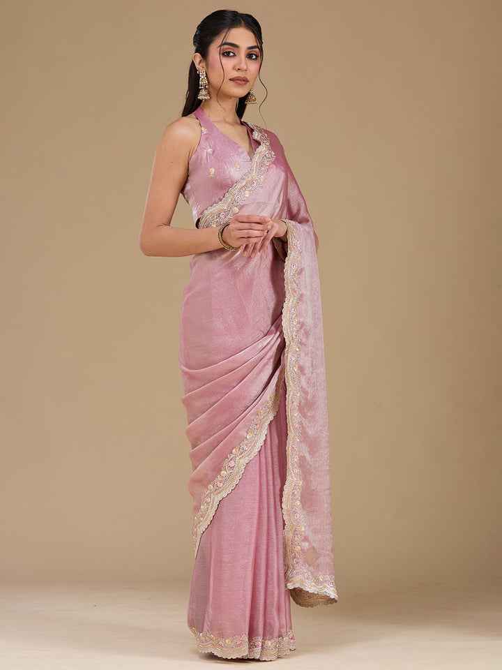 Onion Pink Zariwork (Gold) Tissue Saree-koskii