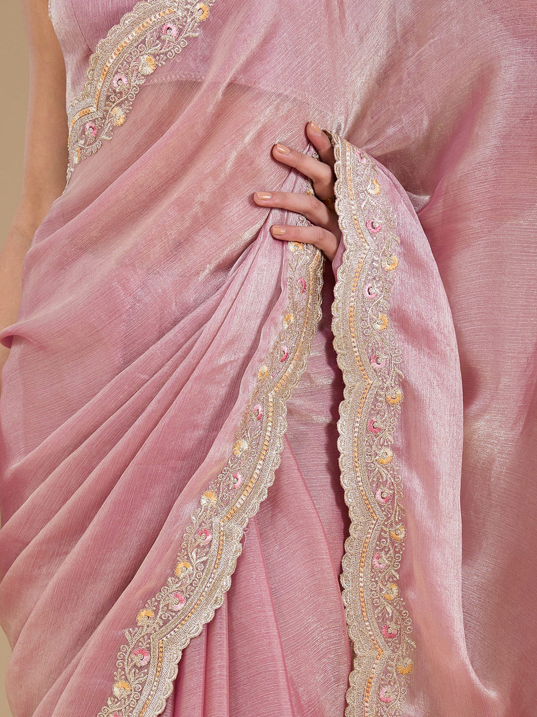 Onion Pink Zariwork (Gold) Tissue Saree-koskii