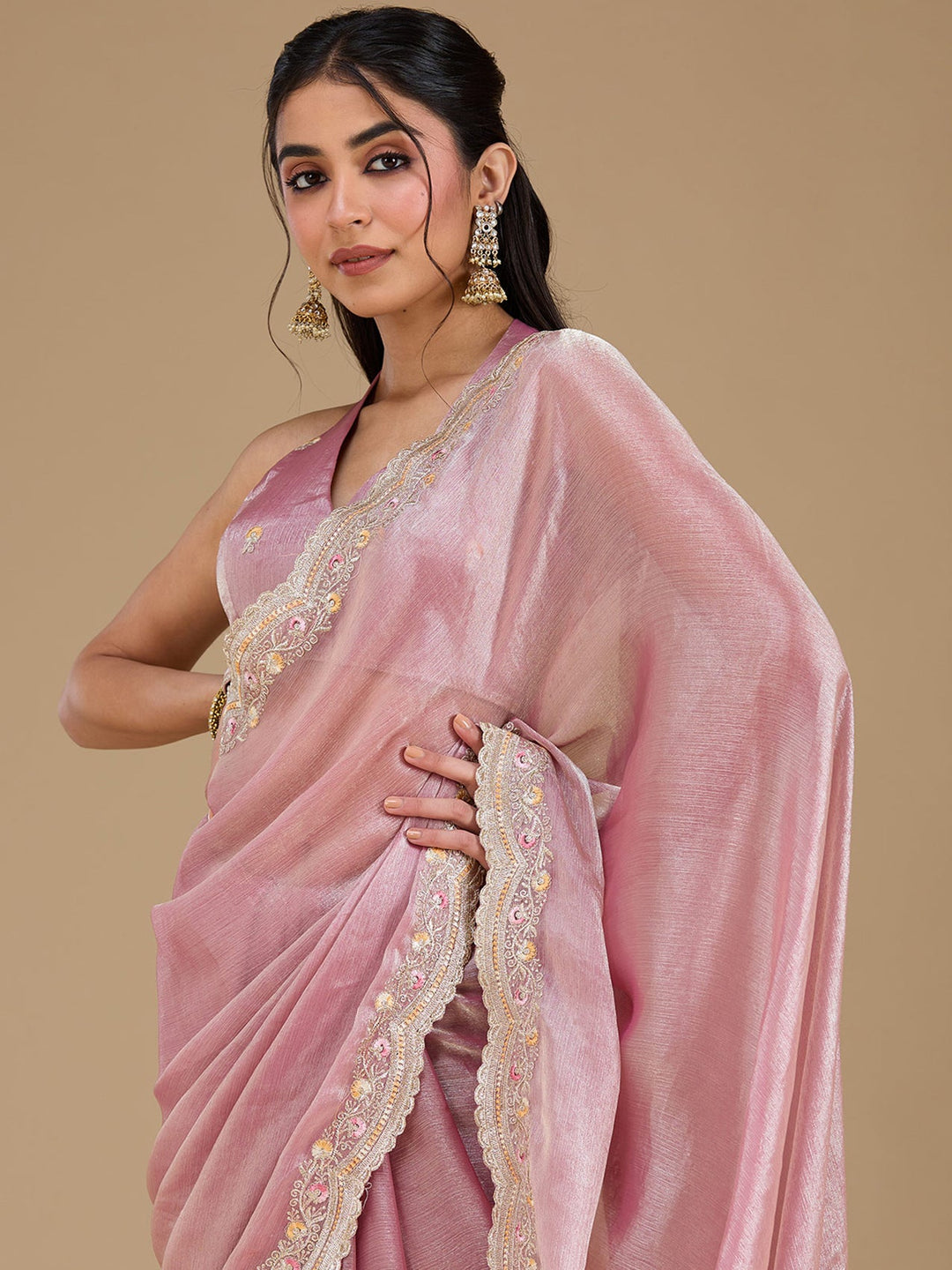 Onion Pink Zariwork (Gold) Tissue Saree-koskii