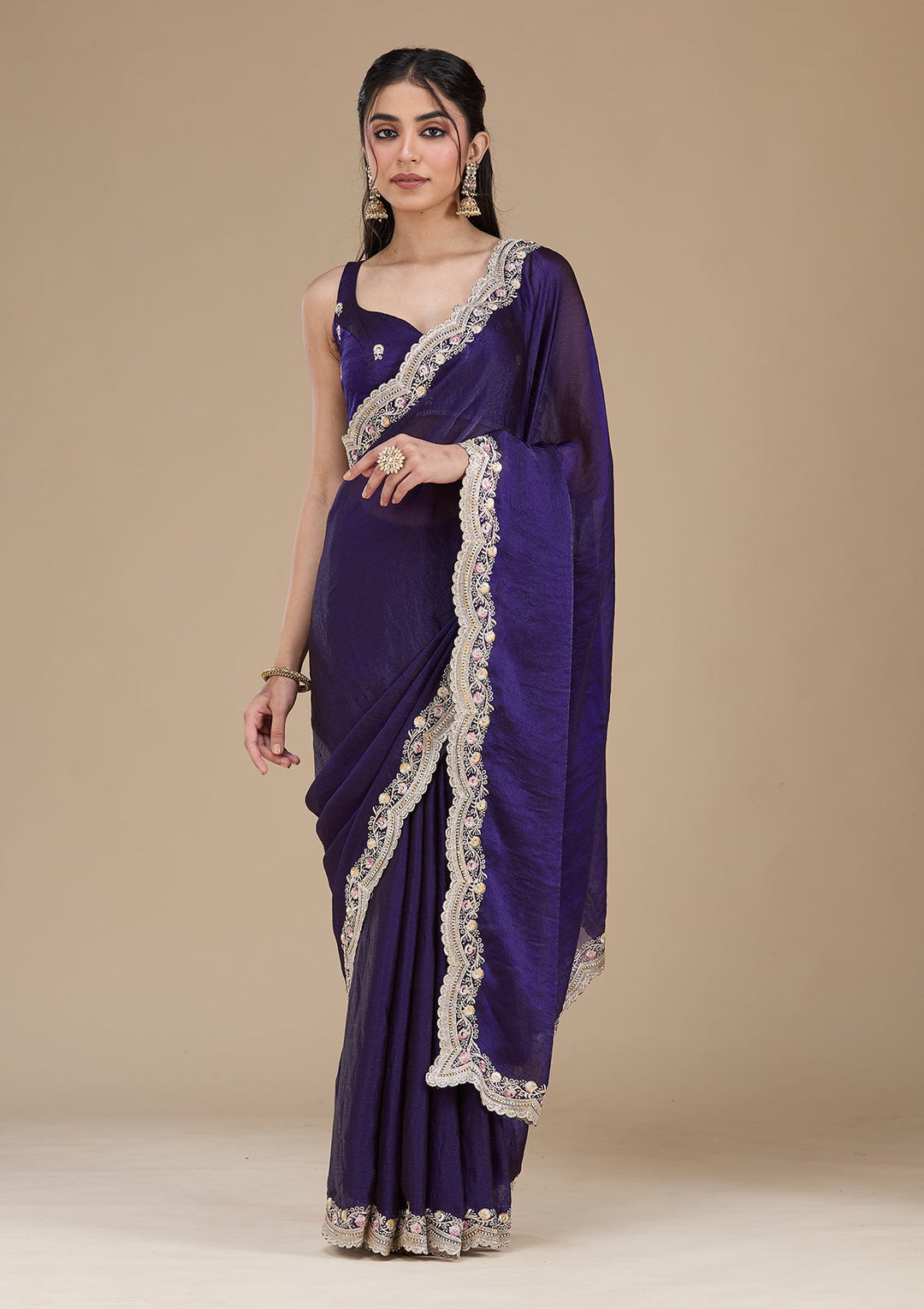 Purple Zariwork (Gold) Tissue Saree_koskii