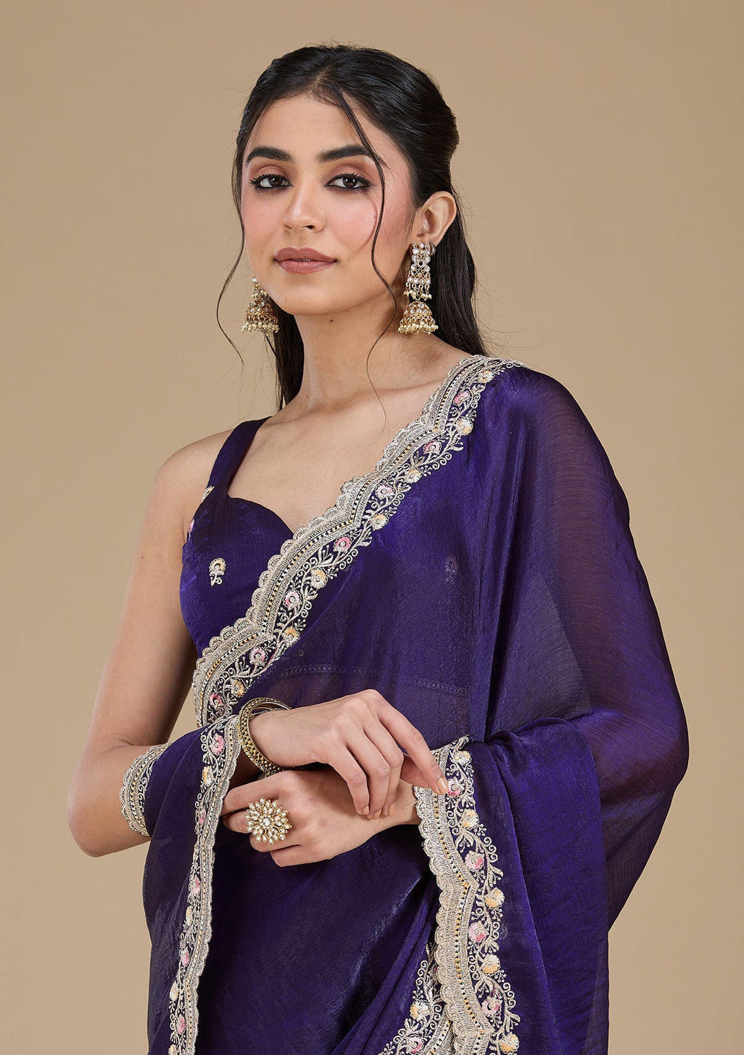 Purple Zariwork (Gold) Tissue Saree_koskii