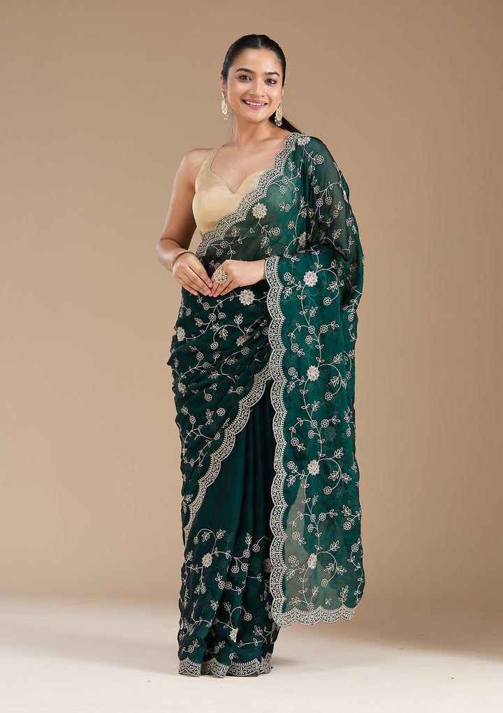 Bottle Green Zariwork (Gold) Georgette Saree_koskii