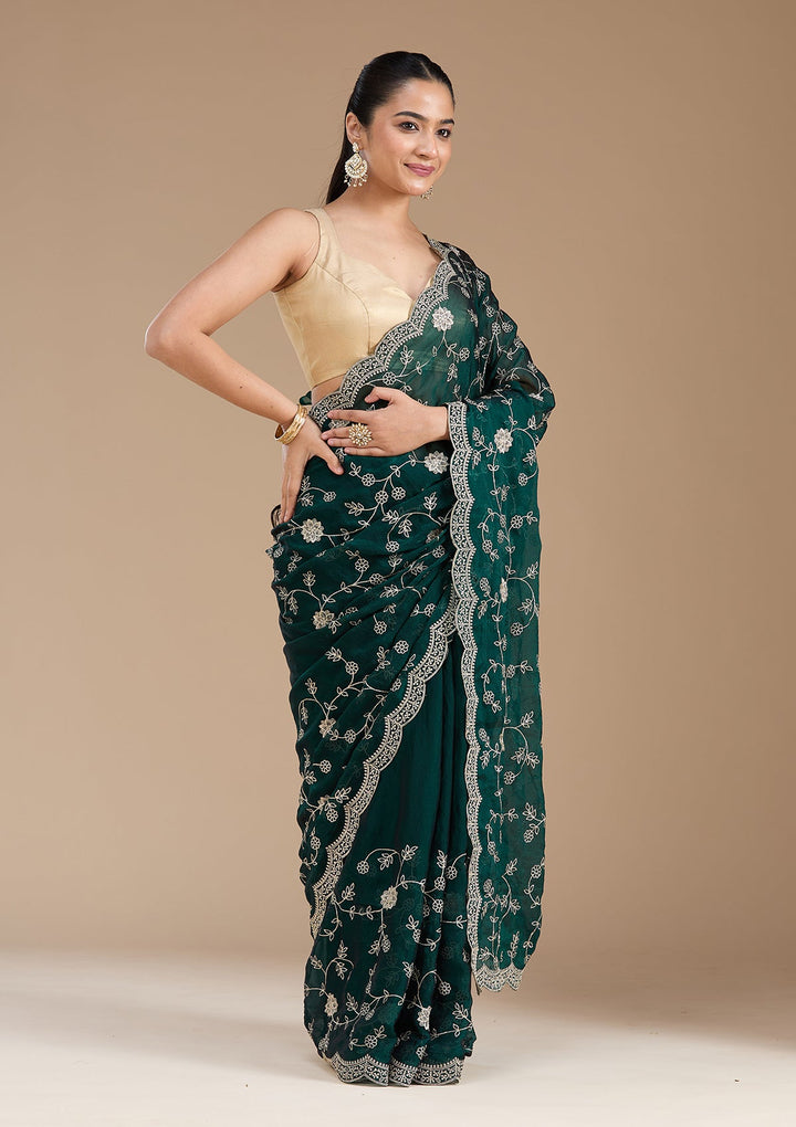 Bottle Green Zariwork (Gold) Georgette Saree_koskii