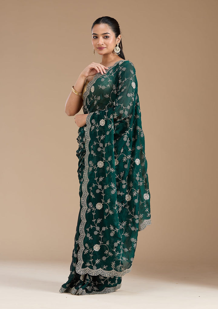Bottle Green Zariwork (Gold) Georgette Saree_koskii