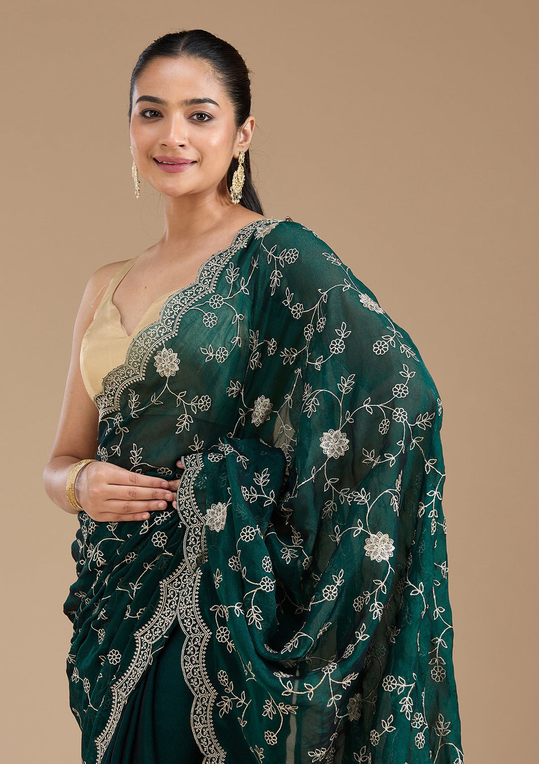 Bottle Green Zariwork (Gold) Georgette Saree_koskii
