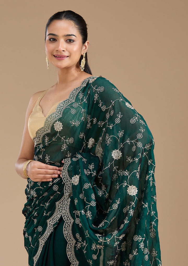 Bottle Green Zariwork (Gold) Georgette Saree_koskii