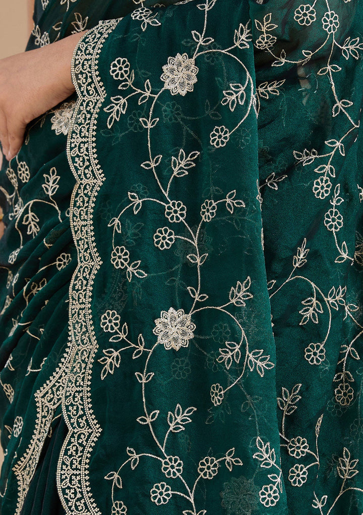 Bottle Green Zariwork (Gold) Georgette Saree_koskii