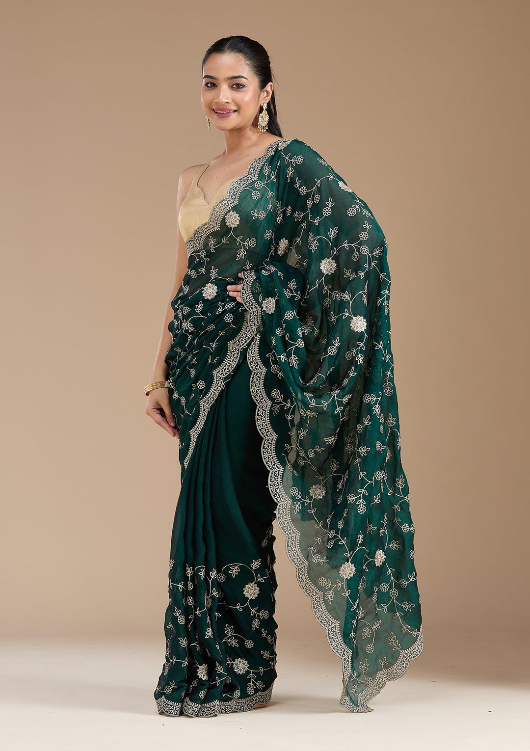 Bottle Green Zariwork (Gold) Georgette Saree_koskii