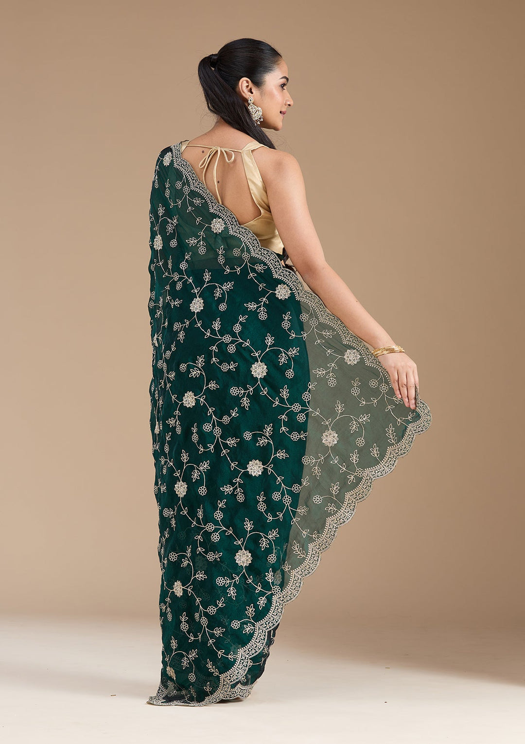 Bottle Green Zariwork (Gold) Georgette Saree_koskii