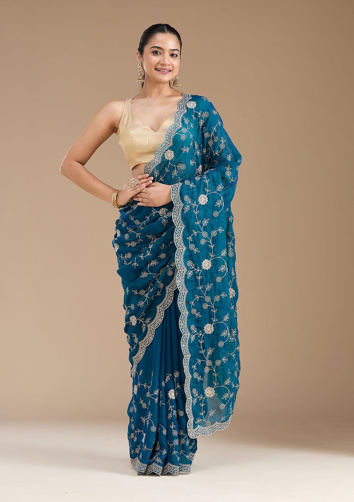 Peacock Blue Zariwork (Gold) Georgette Saree_koskii