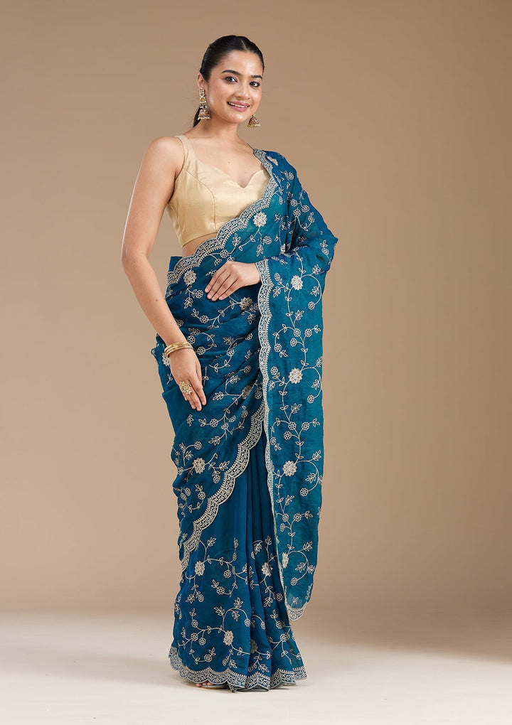 Peacock Blue Zariwork (Gold) Georgette Saree_koskii