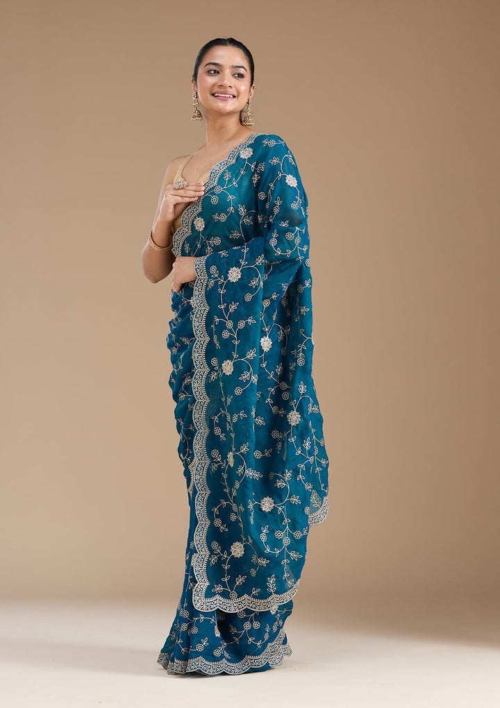 Peacock Blue Zariwork (Gold) Georgette Saree_koskii