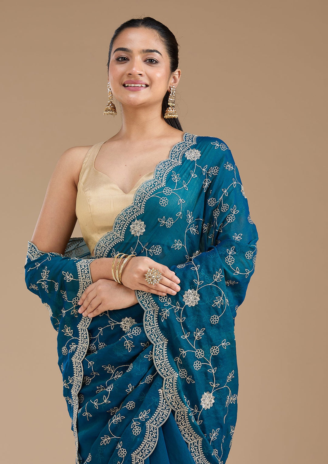 Peacock Blue Zariwork (Gold) Georgette Saree_koskii