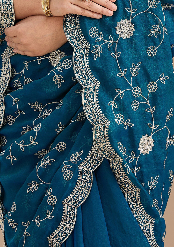 Peacock Blue Zariwork (Gold) Georgette Saree_koskii