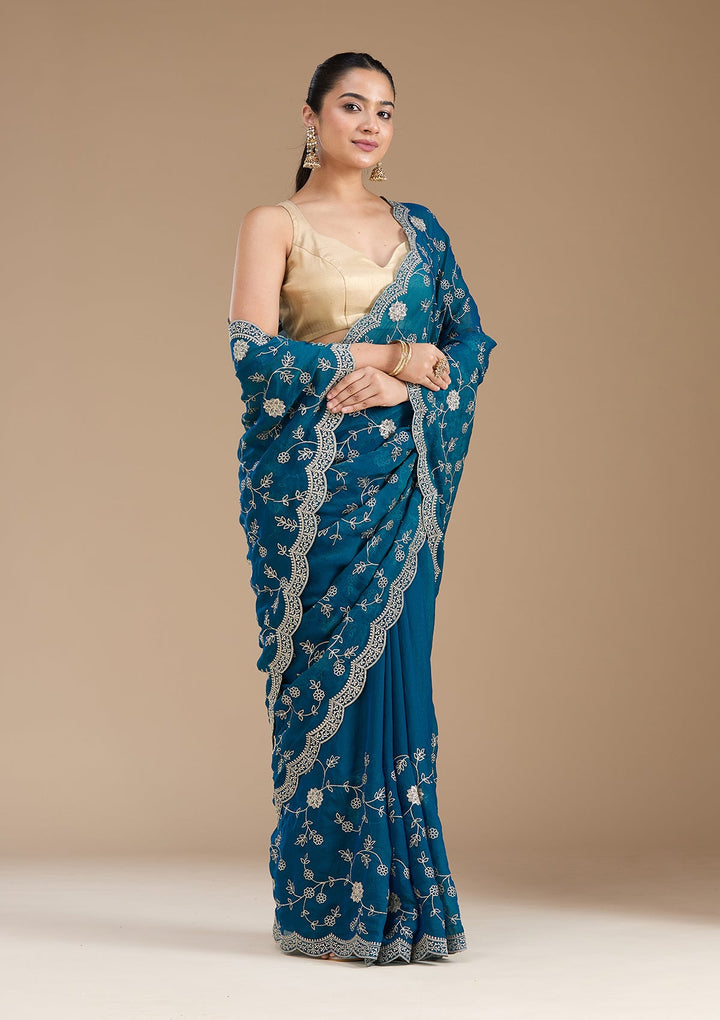 Peacock Blue Zariwork (Gold) Georgette Saree_koskii
