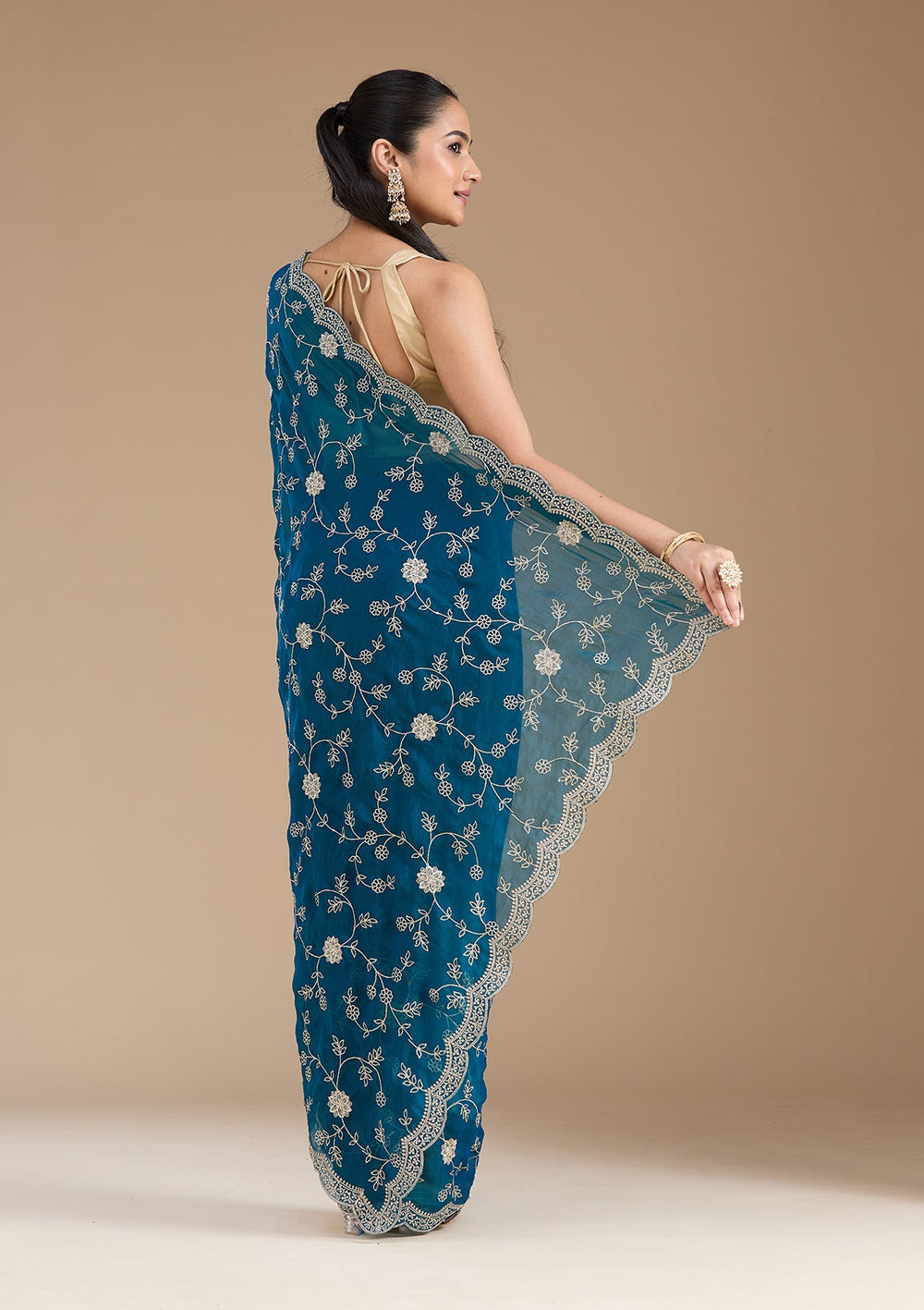 Peacock Blue Zariwork (Gold) Georgette Saree_koskii