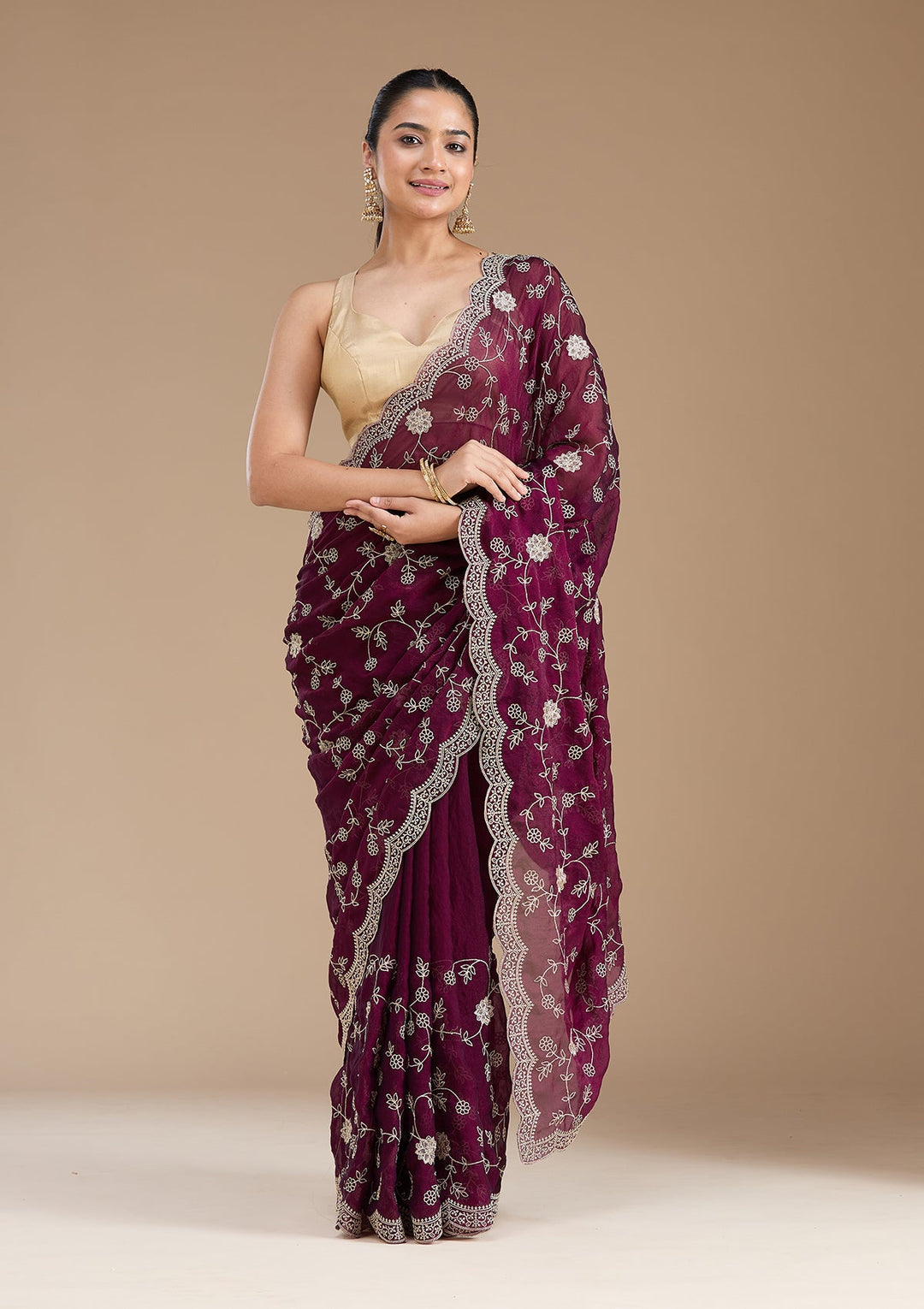 Wine Zariwork (Gold) Georgette Saree_koskii