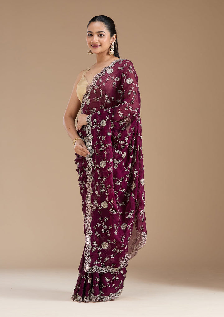 Wine Zariwork (Gold) Georgette Saree_koskii