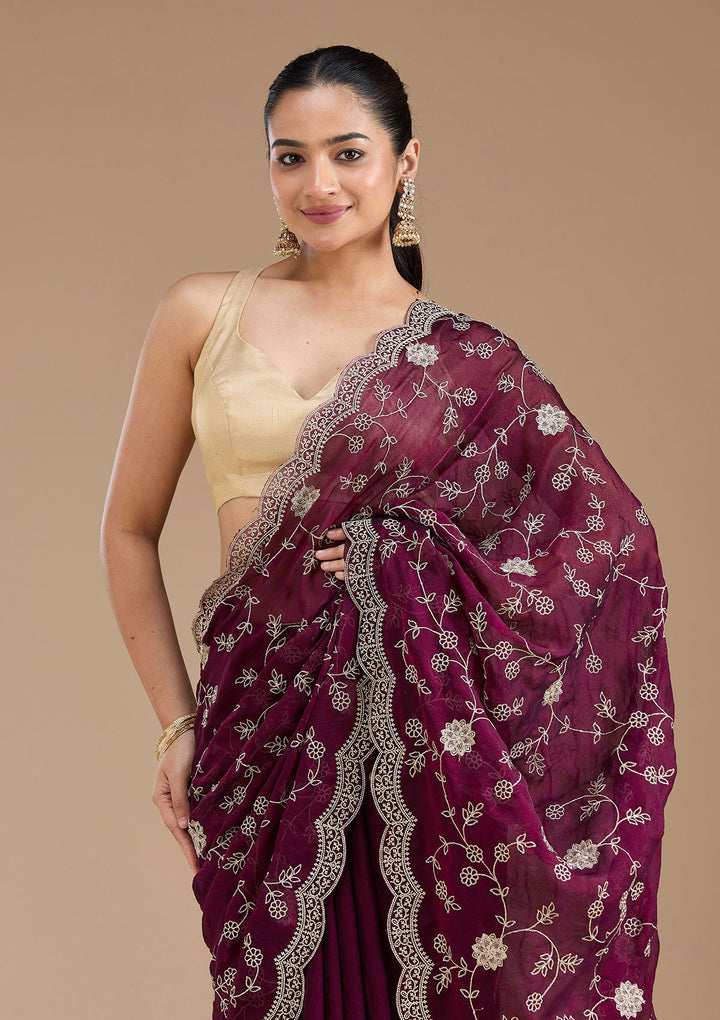 Wine Zariwork (Gold) Georgette Saree_koskii
