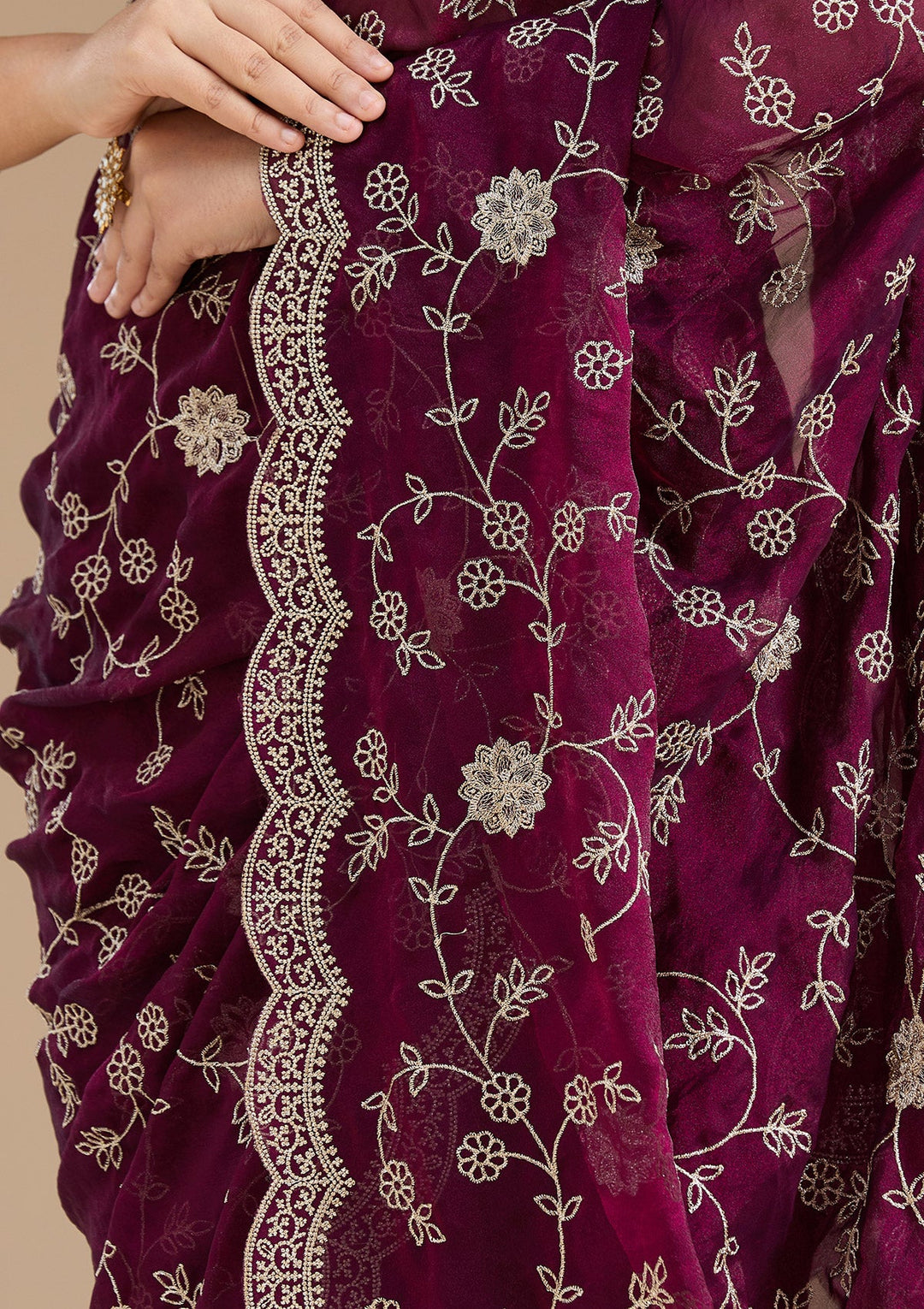 Wine Zariwork (Gold) Georgette Saree_koskii