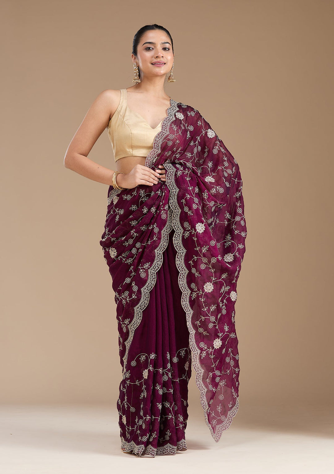Wine Zariwork (Gold) Georgette Saree_koskii
