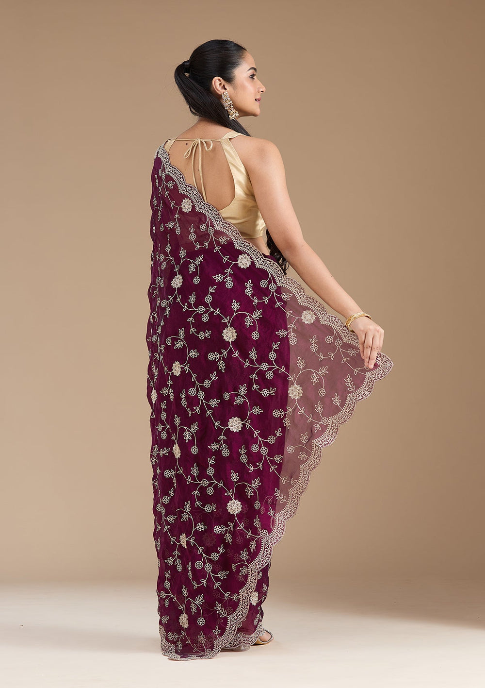 Wine Zariwork (Gold) Georgette Saree_koskii