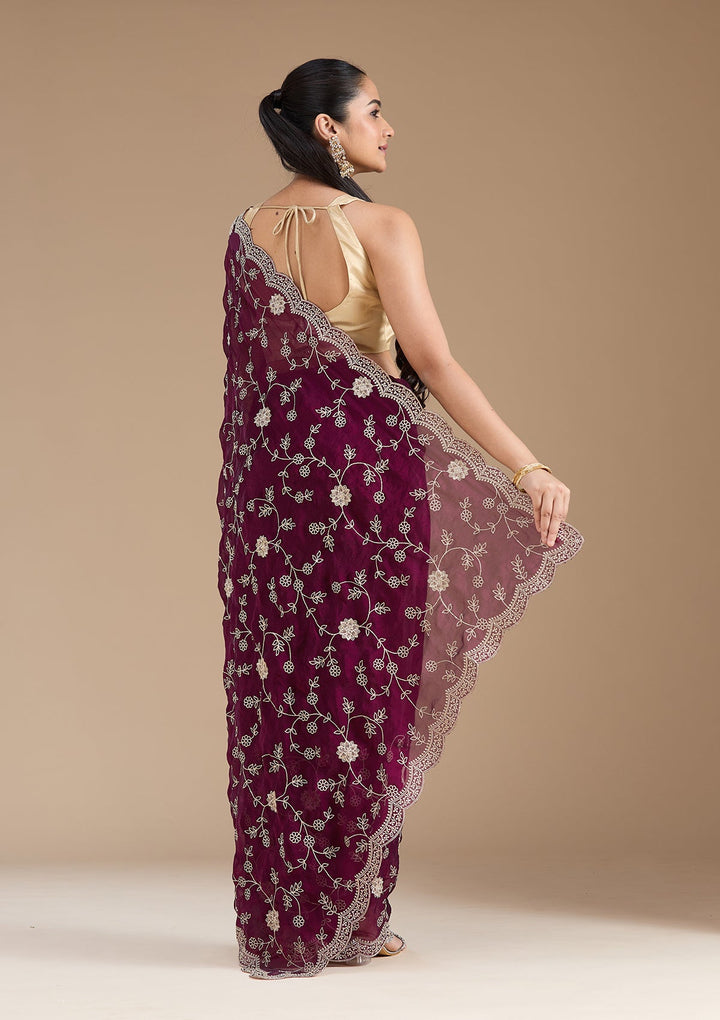 Wine Zariwork (Gold) Georgette Saree_koskii