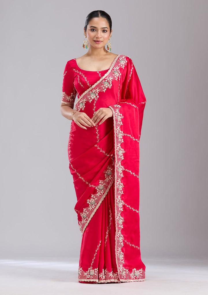 Rani Pink Aariwork Satin Saree-koskii