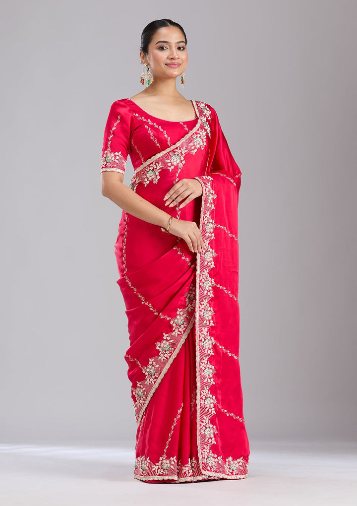 Rani Pink Aariwork Satin Saree-koskii