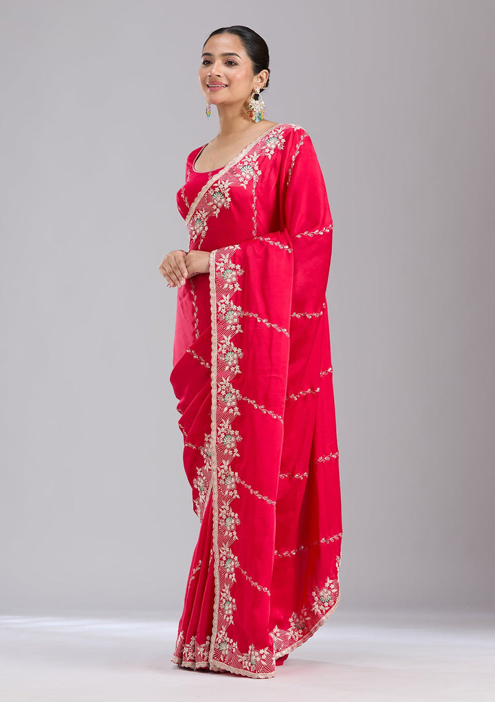 Rani Pink Aariwork Satin Saree-koskii