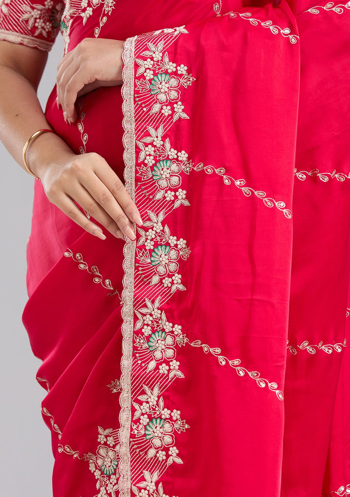 Rani Pink Aariwork Satin Saree-koskii