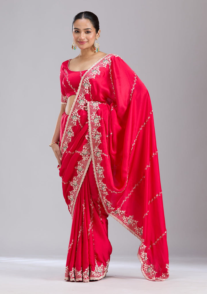 Rani Pink Aariwork Satin Saree-koskii