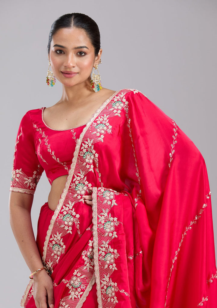 Rani Pink Aariwork Satin Saree-koskii