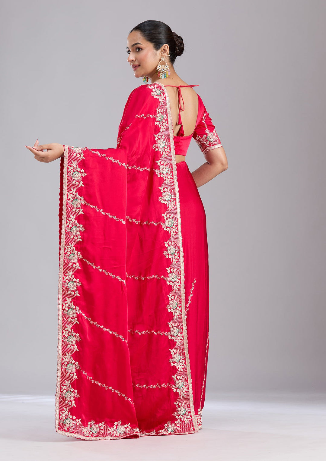 Rani Pink Aariwork Satin Saree-koskii