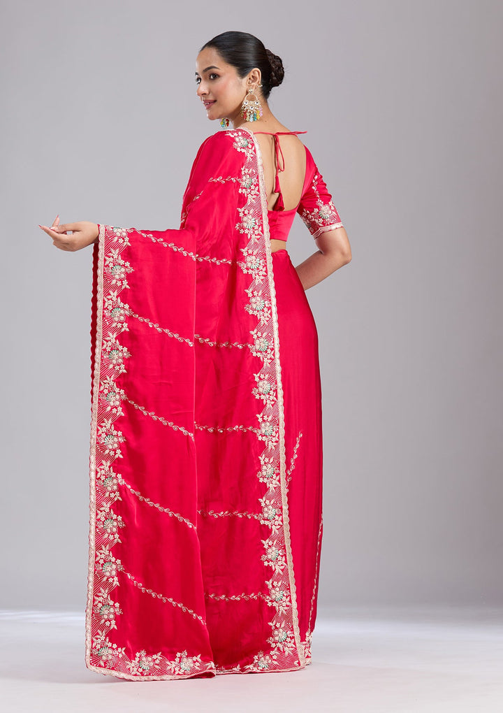 Rani Pink Aariwork Satin Saree-koskii