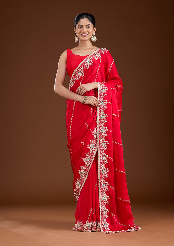 Red Aariwork Satin Saree-koskii