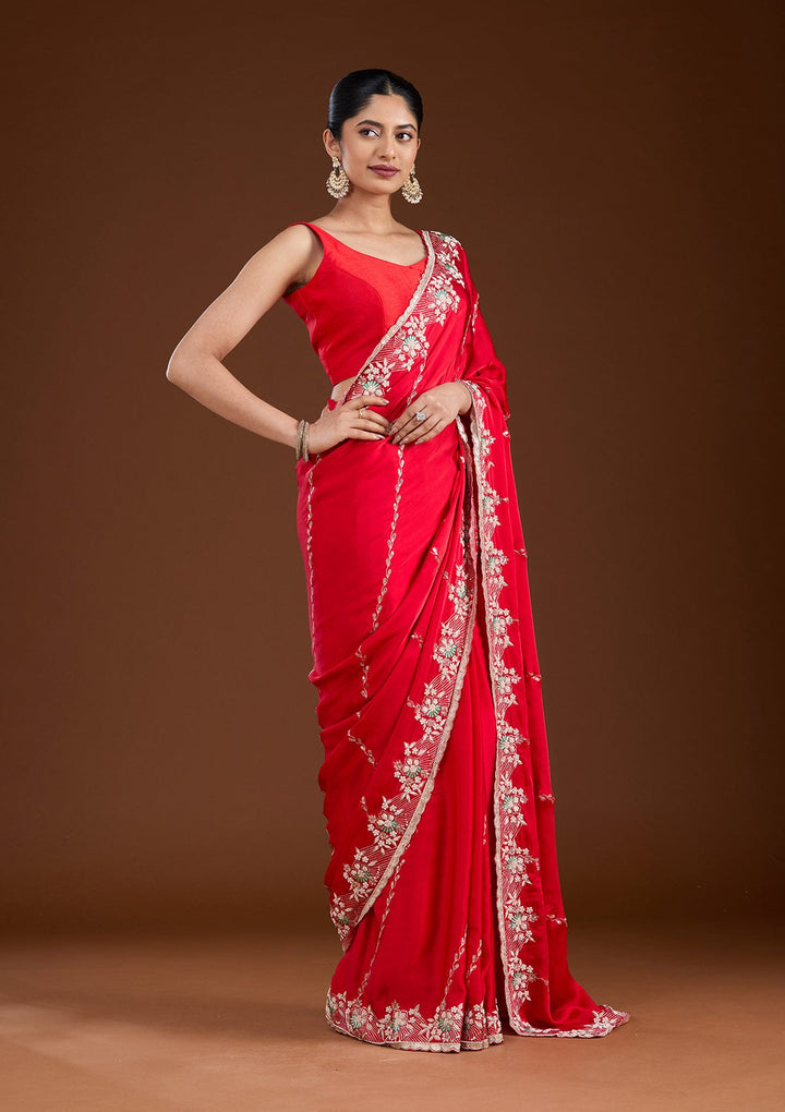 Red Aariwork Satin Saree-koskii