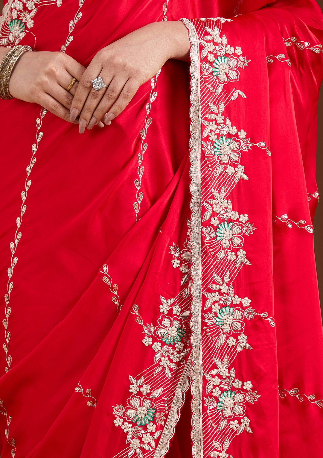 Red Aariwork Satin Saree-koskii
