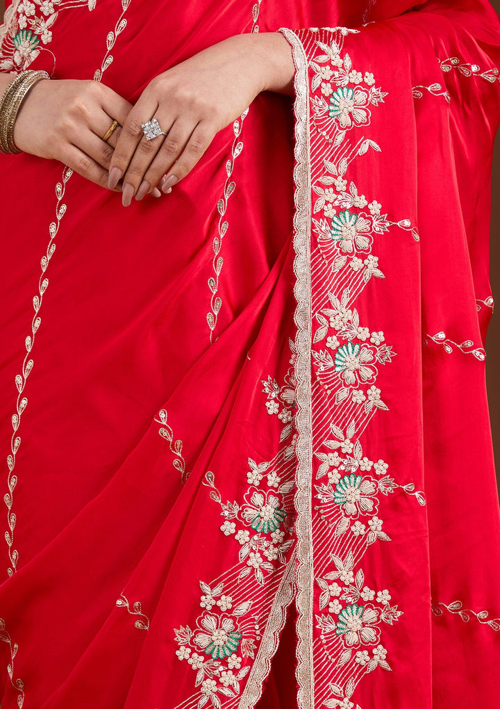Red Aariwork Satin Saree-koskii