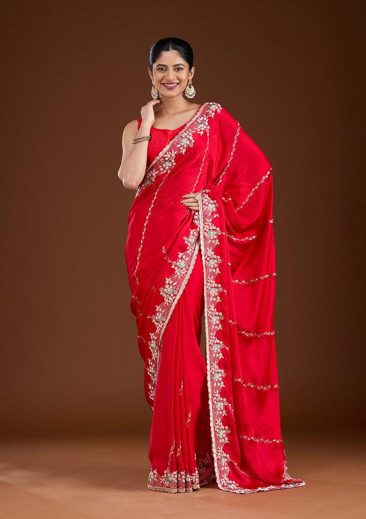 Red Aariwork Satin Saree-koskii