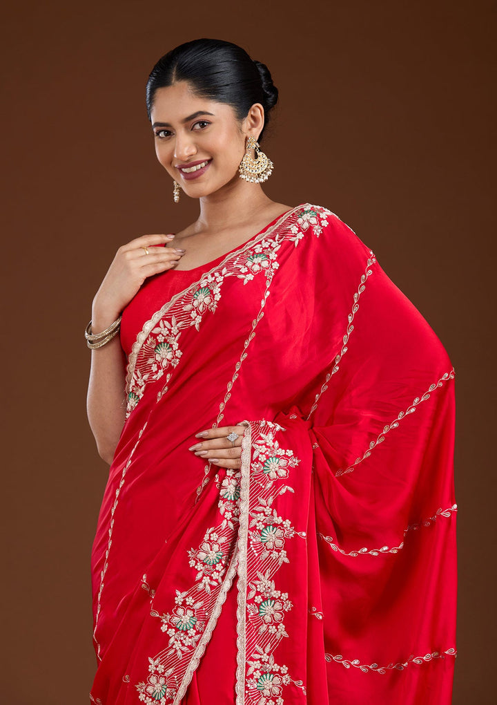 Red Aariwork Satin Saree-koskii
