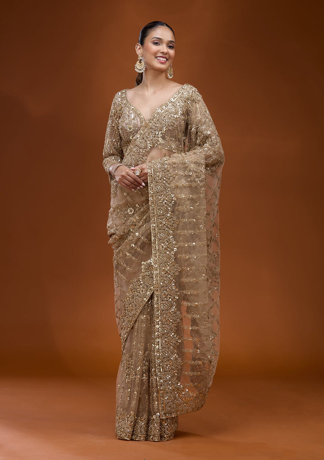 Beige Cording Net Saree