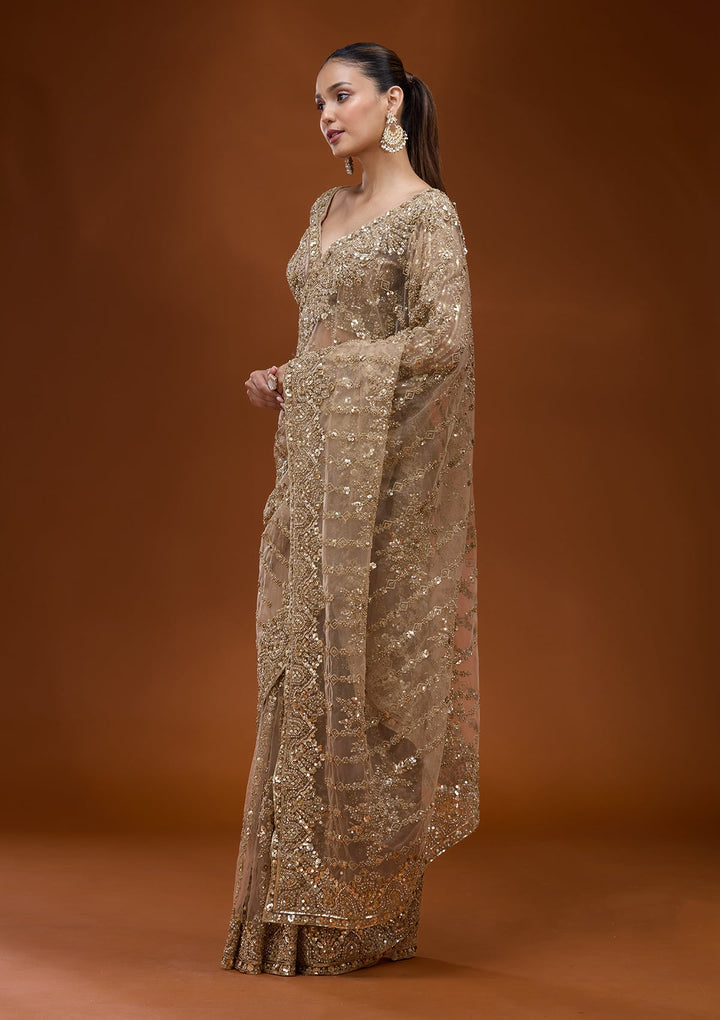 Beige Cording Net Saree