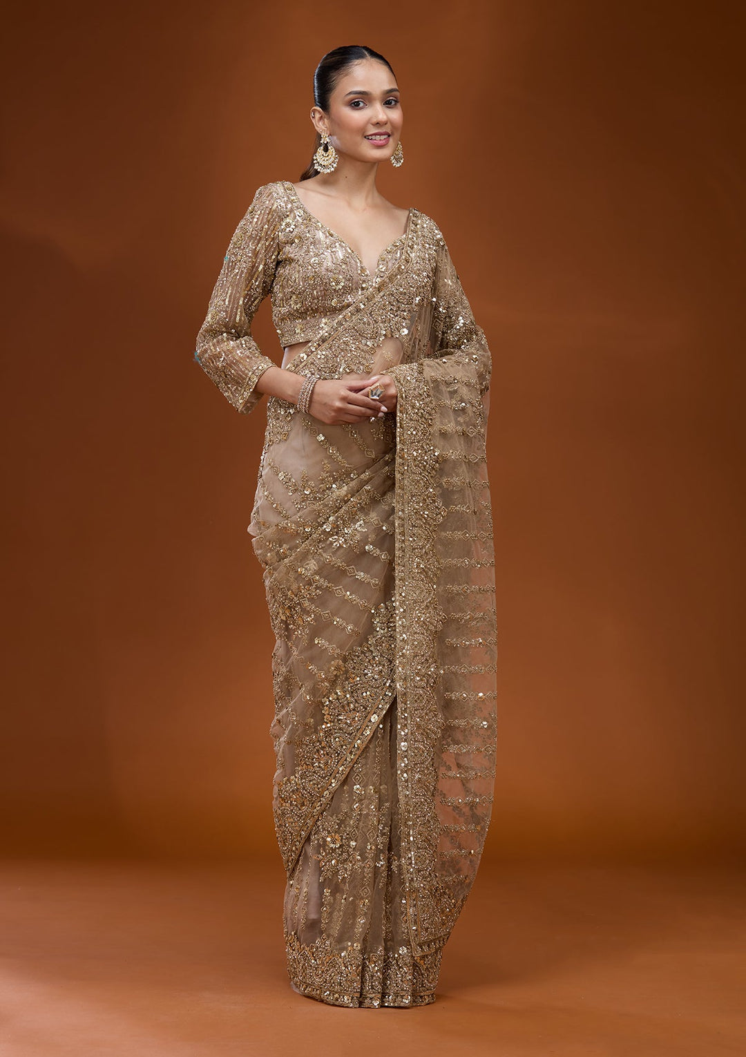 Beige Cording Net Saree
