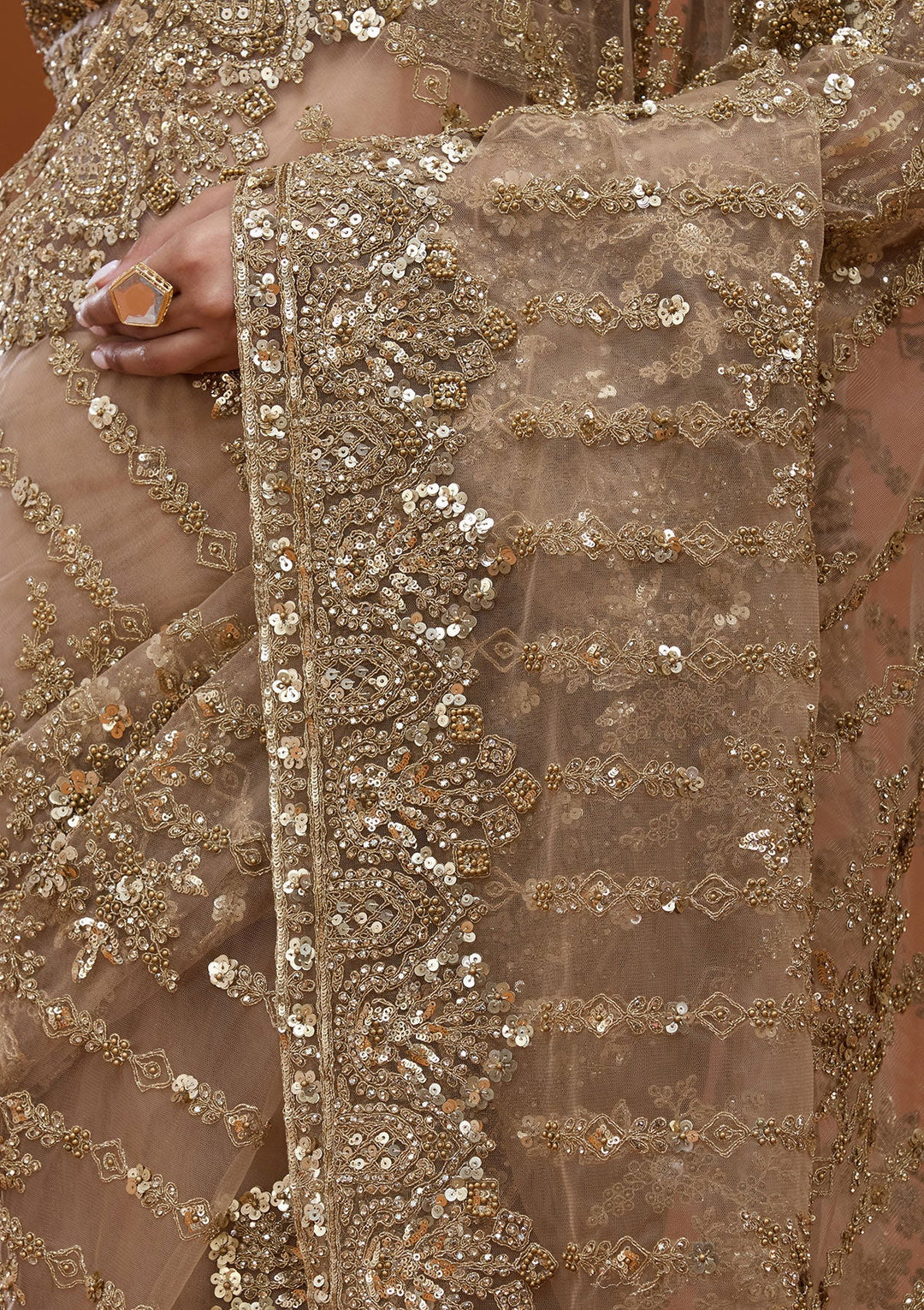 Beige Cording Net Saree